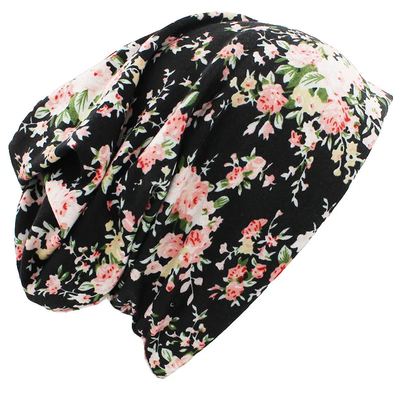 ALTOBEFUN Autumn Winter Women Thin Skullies Beanies Floral Design Multifunction Hats For Girl Lady Fashion Feminino Scarf BHT098