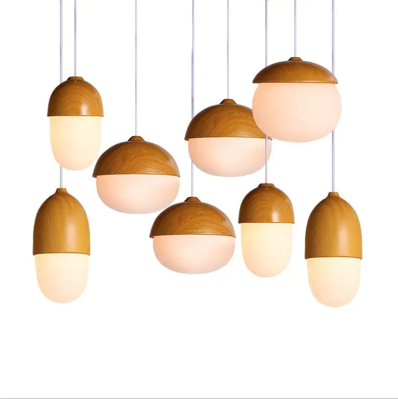 Nuts Acorn Small Mushrooms hanging lamp glass Milky Ball Glass Wood grain Iron modern pendant lamp led Pine cone pendant light