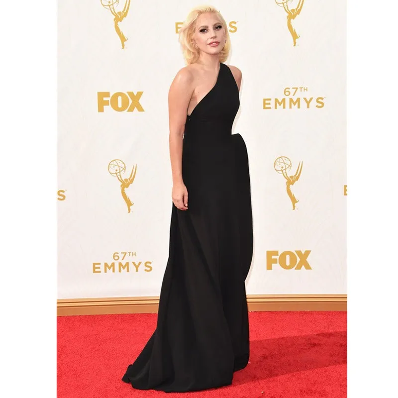 Elegant Lady Gaga Red Carpet Dresses 67th Emmy Awards A-Line Sexy Black Chiffon Party Gown Ruched One Shoulder Celebrity Dresses