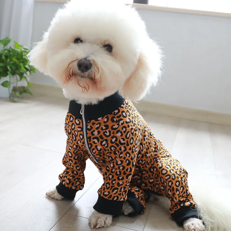 Pet Dog Jumpsuit Wool 100%Cotton Puppy Clothes Leopard Printed Overalls Protect Belly Pajamas For Small Dogs Chihuahua Home Wear