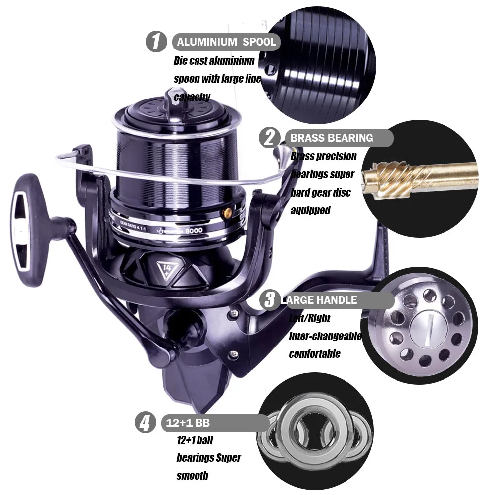อุปกรณ์ตกปลา Reel ปลาคาร์พ Spinning Reels ลากสูงสุด27กก13 + 1BB 4.1:1 Carretilha De Pesca Accesorios Mar Molinete