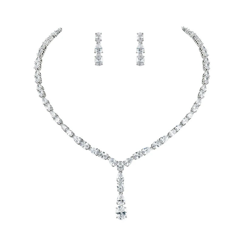 WEIMANJINGDIAN Brand Elegant Oval and Teardrop Cubic Zirconia Crystal Necklace and Drop Earring Wedding Jewelry Set