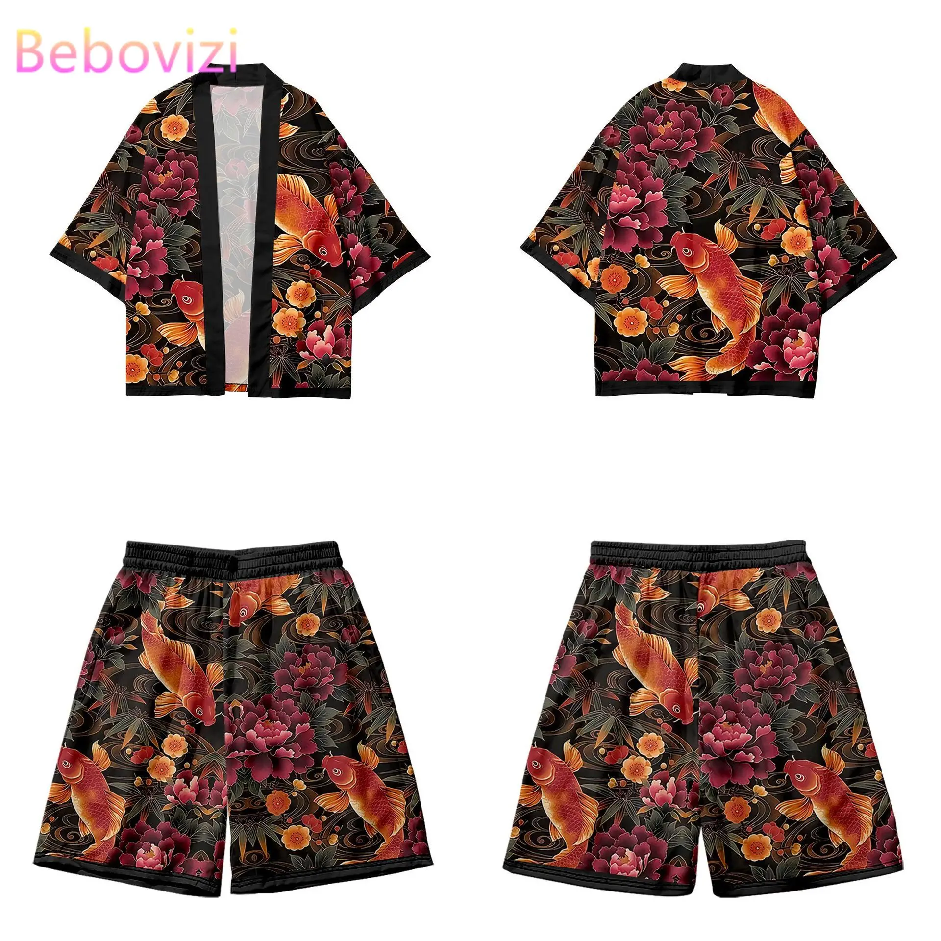 

Fashion Flower Fish Print Harajuku Kimono Shorts Sets Two-piece Suit Yukata Japanese Traditional Cardigan Women Men Haori