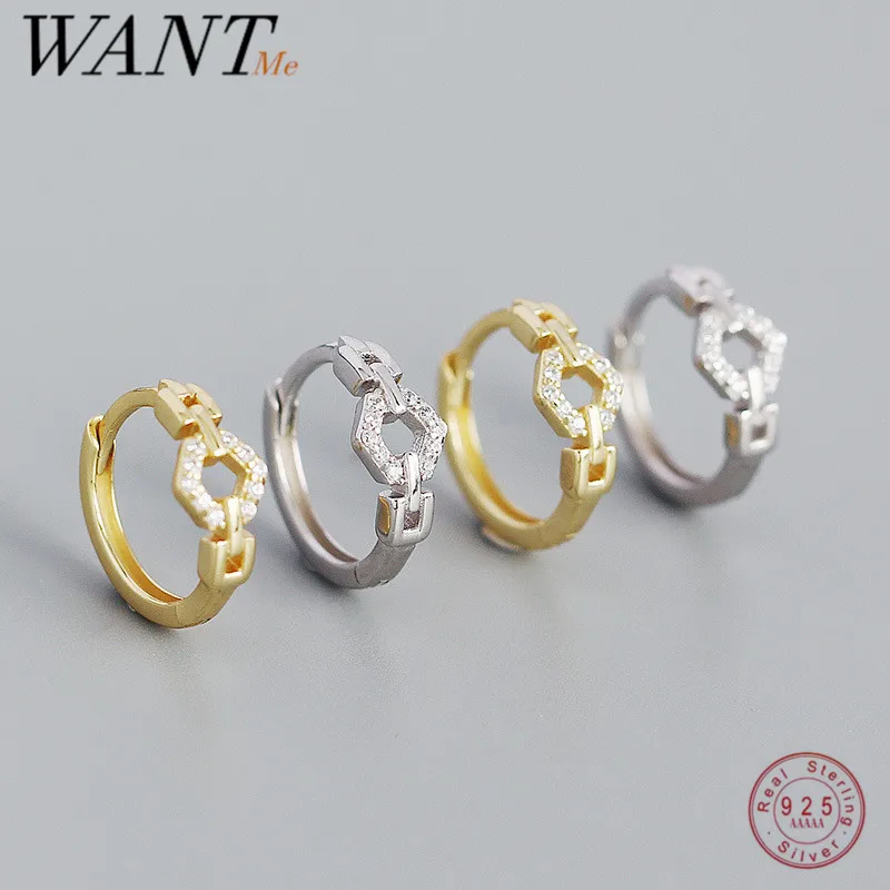 

WANTME 925 Sterling Silver Punk Chain Shiny Zircon Huggies Ear Buckle for Women Hip Hop Gothic Charm Hoop Earrings Jewelry Gift