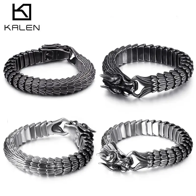 KALEN Punk Animal Dragon Charm Bracelet Men Stainless Steel MatteShiny China Dragon Blessing Bracelet Amulet Bangle Jewelry