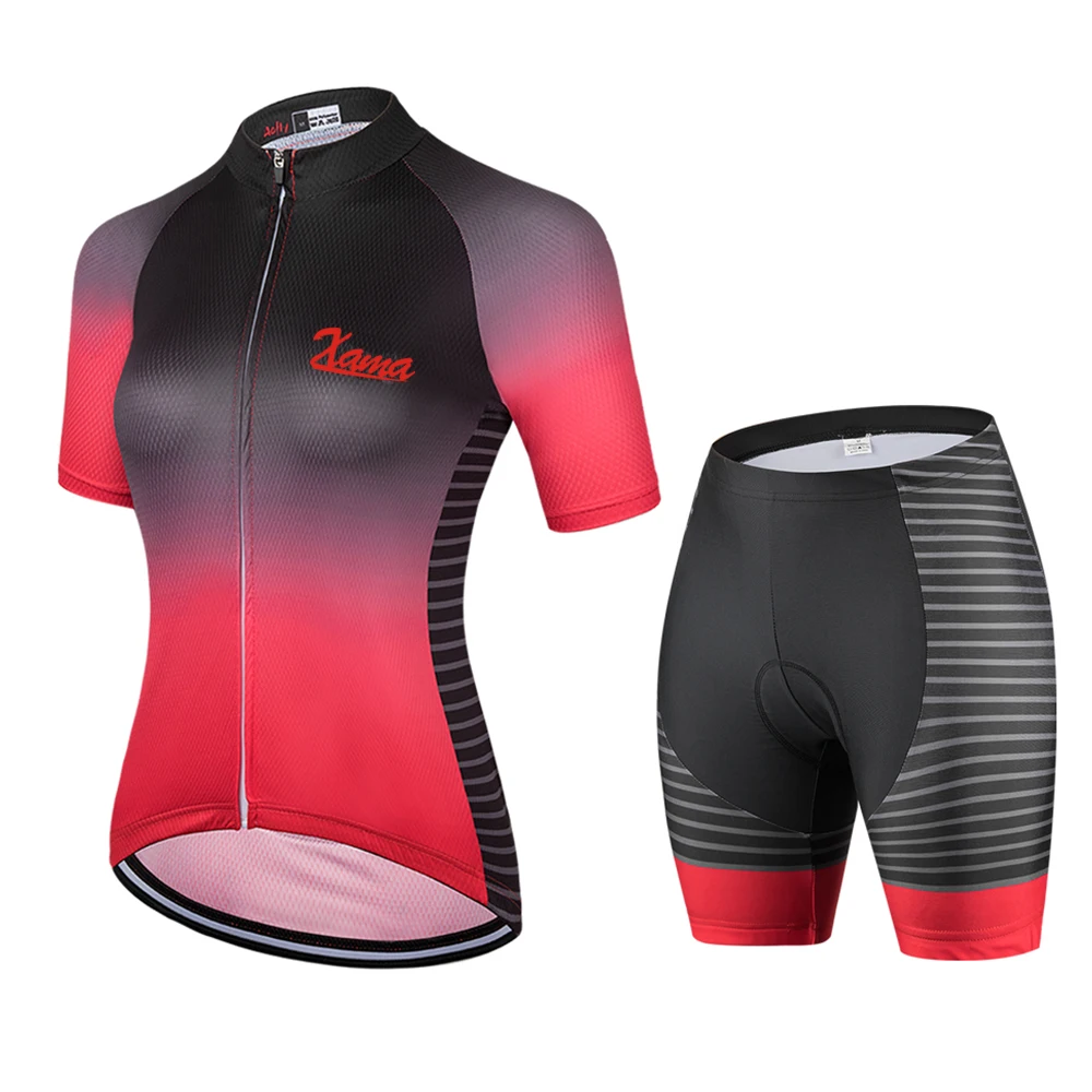 

2021Xama Pro Women's Black Red Gradient Color Short Sleeve Cycling Jersey Sets Bib Pant Conjunto Feminino Ciclismo Maillot Mujer