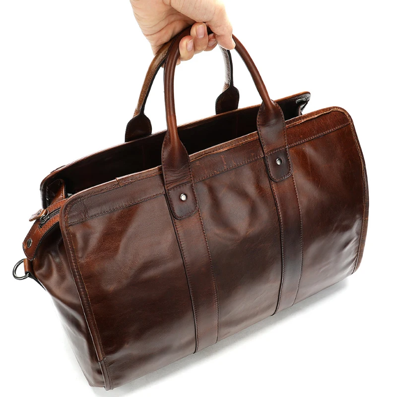 MAHEU Smooth Leather Travel Bag Men Women Unisex Vintage Travelling bags hand luggage brown cowhide travel totes high capacity