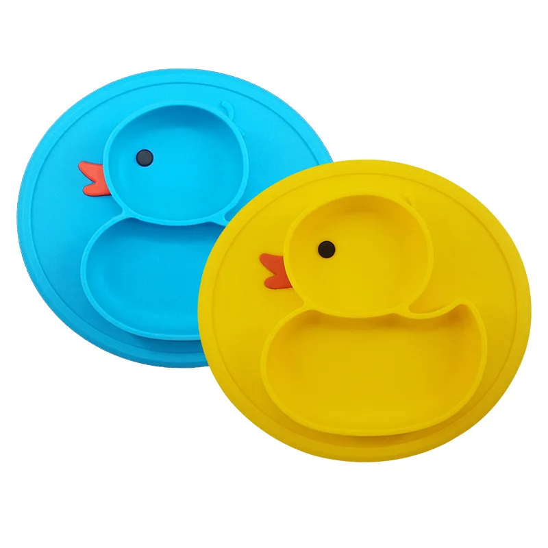 

baby kids plate yellow duck plate cute children anti-slip integrated partition plate convenient food grade silicone duck pad