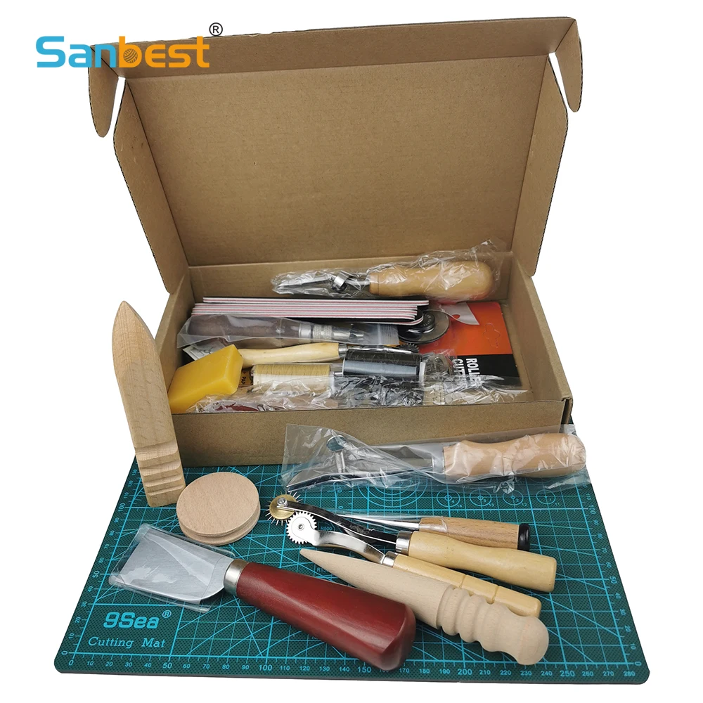 Sanbest Professional Leather Craft Tools Kit Hand Sewing Stitching Punch Carving Work Hole Saddle Groover Set Accessories DIY