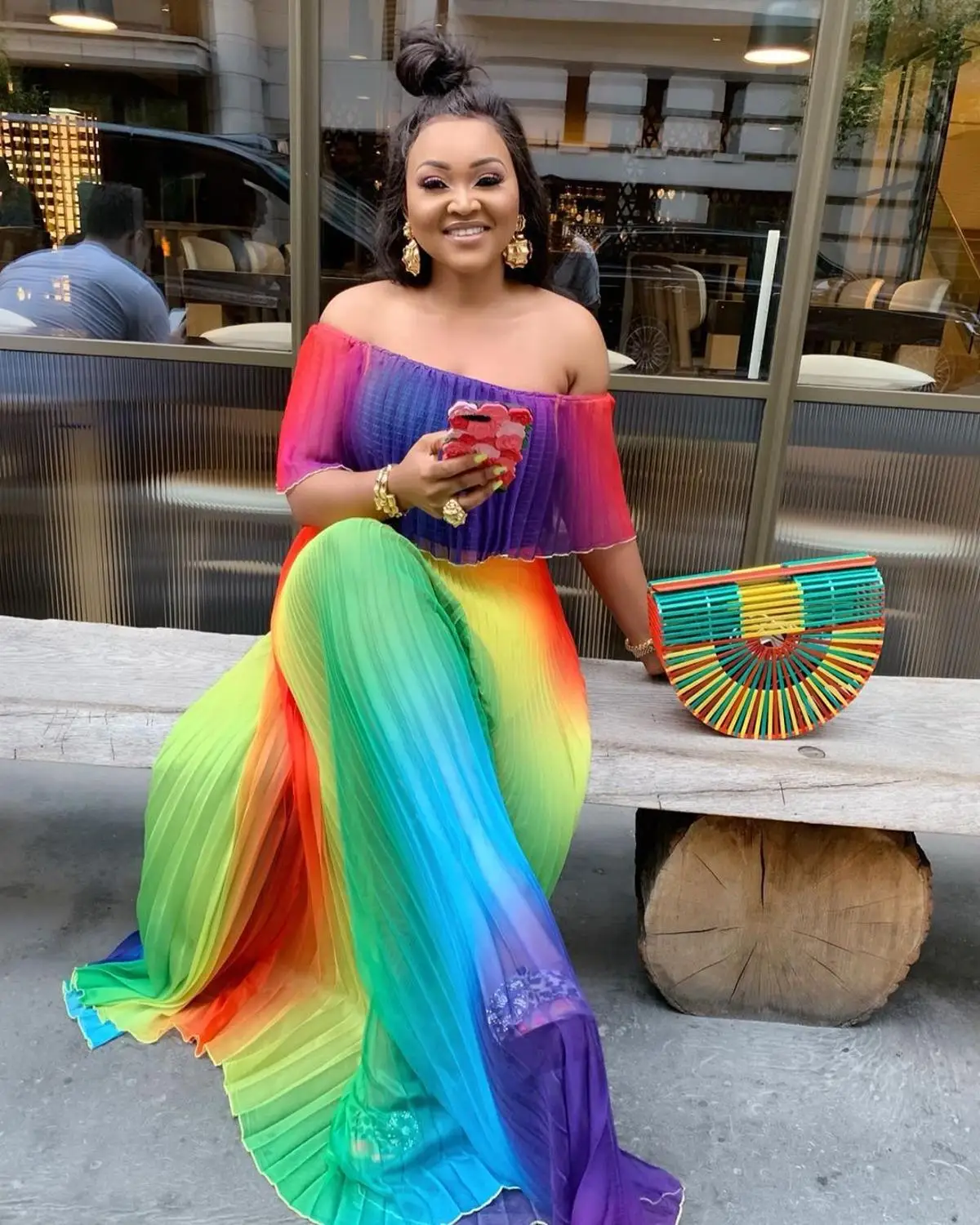 African Woman Dress Press-pleating Decoration Polyester Material Loose Plus Size Off Shoulder Rainbow Color Fashion Long Dress