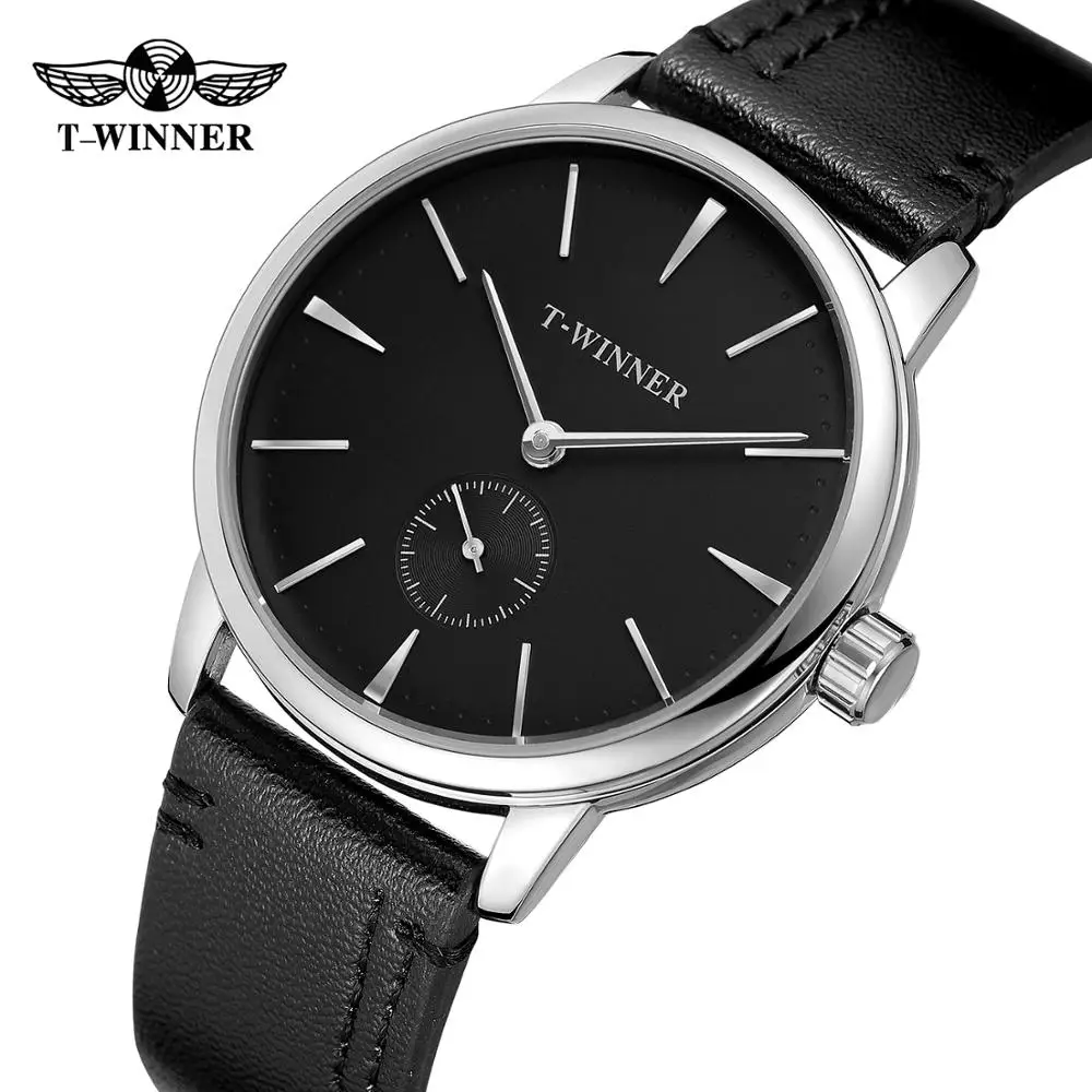 T-WINNER mode einfachen casual herren uhr schwarz zifferblatt silber fall schwarz lederband automatische mechanische uhr