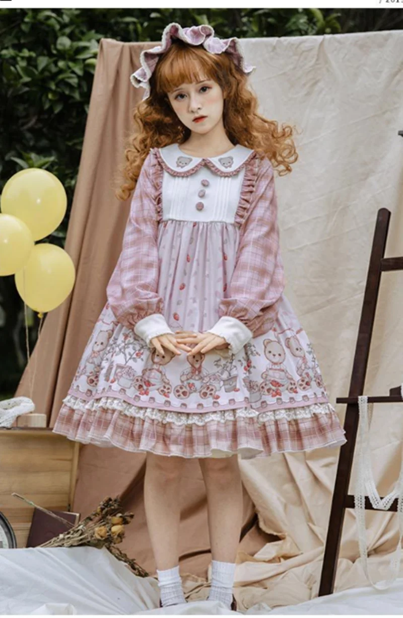 

lolita lattice pastoral style OP girl Lolita high waist cute printing victorian dress kawaii girl gothic lolita op loli cute