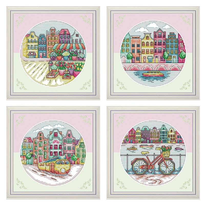 Joy Sunday Cityscape Cross-stitch Embroidery kits, DIY Cross Stitch set Embroidery Suit, Enough Canvas for Embroidery landscape