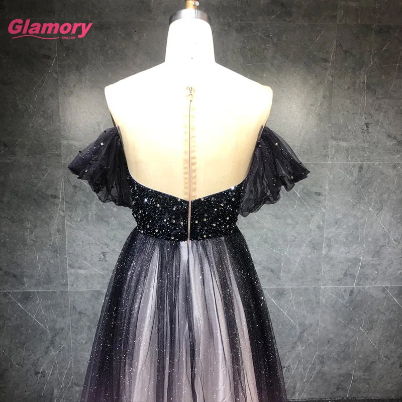 New Arrival Off-Shoulder Party Prom Crystal Beaded Gradual Change Color Shining Tulle Evening Gowns