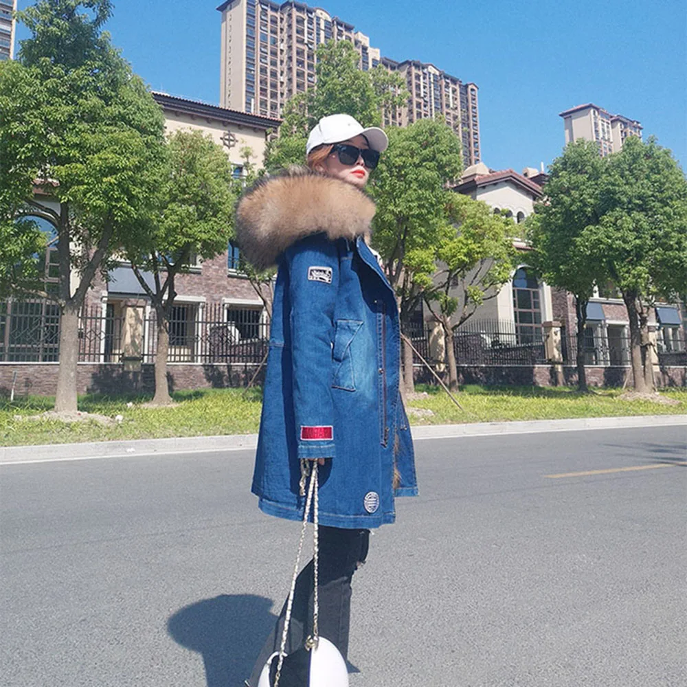 maomaokong 2022 winter women rabbit fur liner raccoon fur collar denim coat woman parkas fur thickened denim fur jacket long