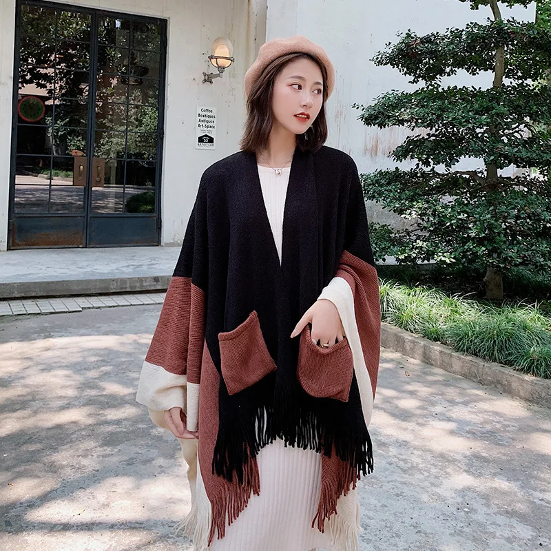 Korean Fashion Double-Pocket Fringed Scarf Ladies Autumn Winter Lengthen And Thicken Color Matching Warm Dual-Use Shawl Tide