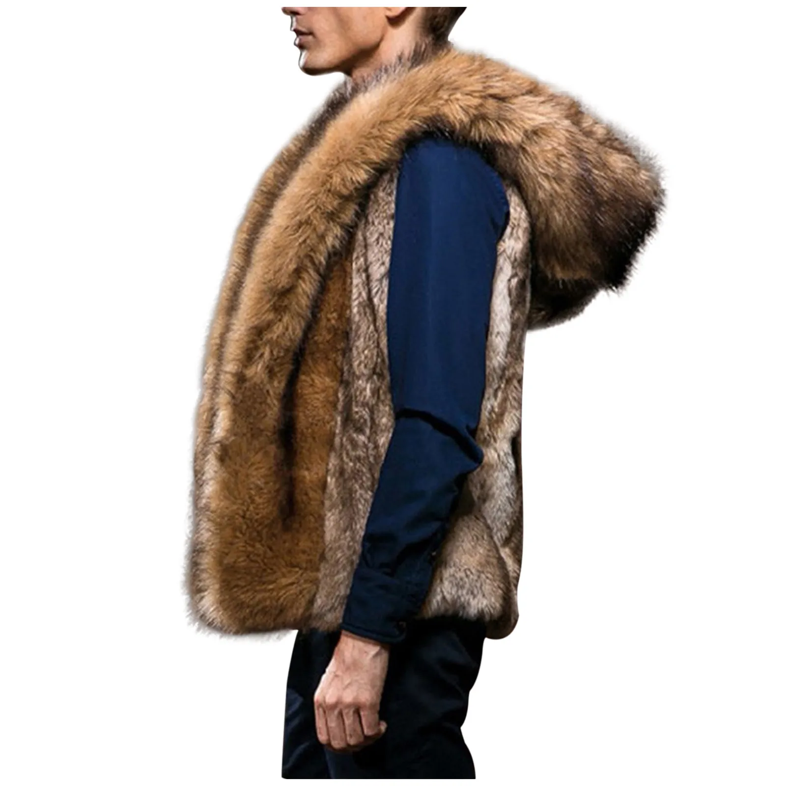 Abrigo de imitación peludo para hombre, chaqueta gruesa cálida sin mangas, chaleco, cárdigan con capucha, otoño e invierno, 2021