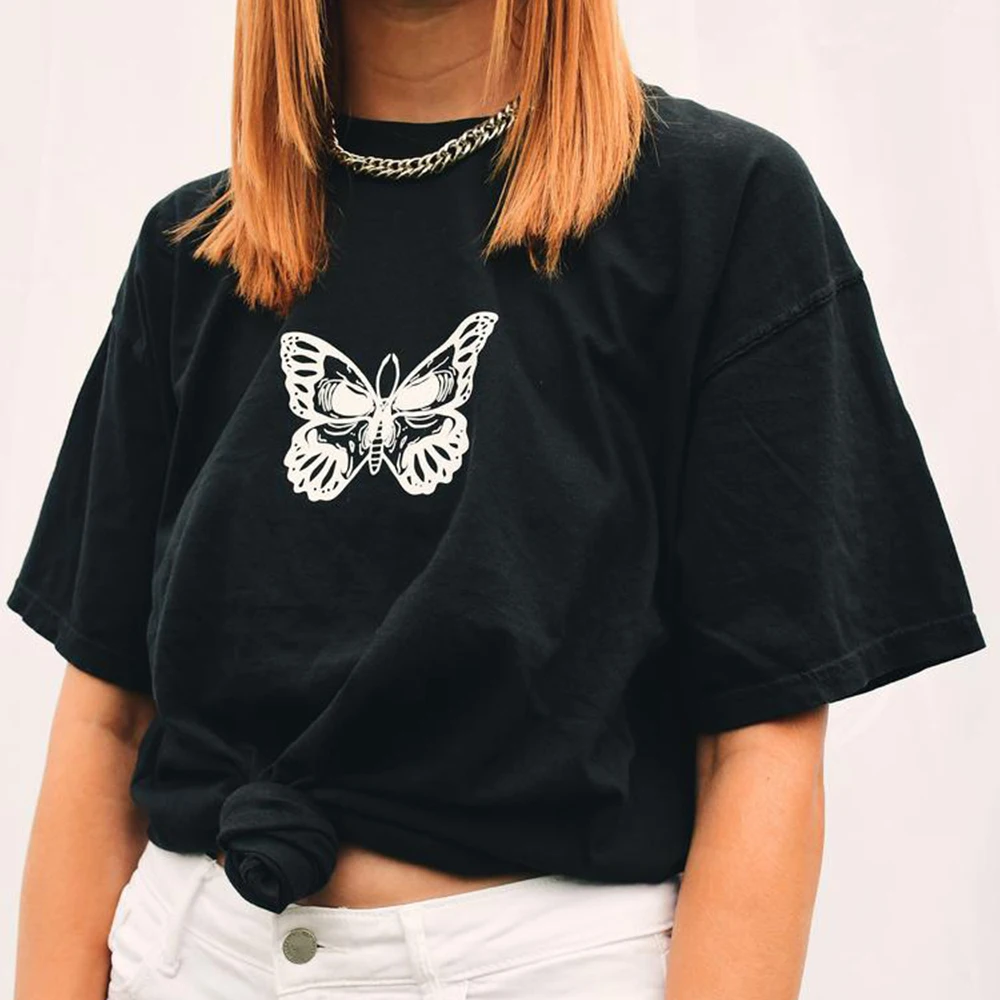 

Middle Butterfly Graphic Tee Retro Style Vintage Female Tees Harajuku Hipster Cute Korean Style Women T-Shirt