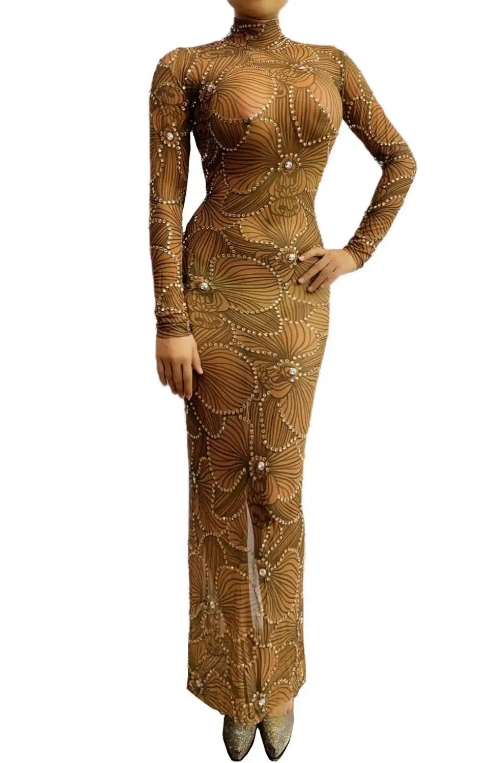 New Women Stage Outfits Shiny Rhinestone Printing Mesh Perspective Singer Crystal Sexy Evening Party Celebration Prom Club Dress