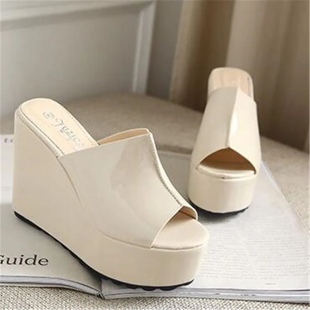 Summer Concise Leather Peep Toe Wedges Slippers Sandals Women Fashion 12 CM High Heels Female Platform Shoes Black White Apricot