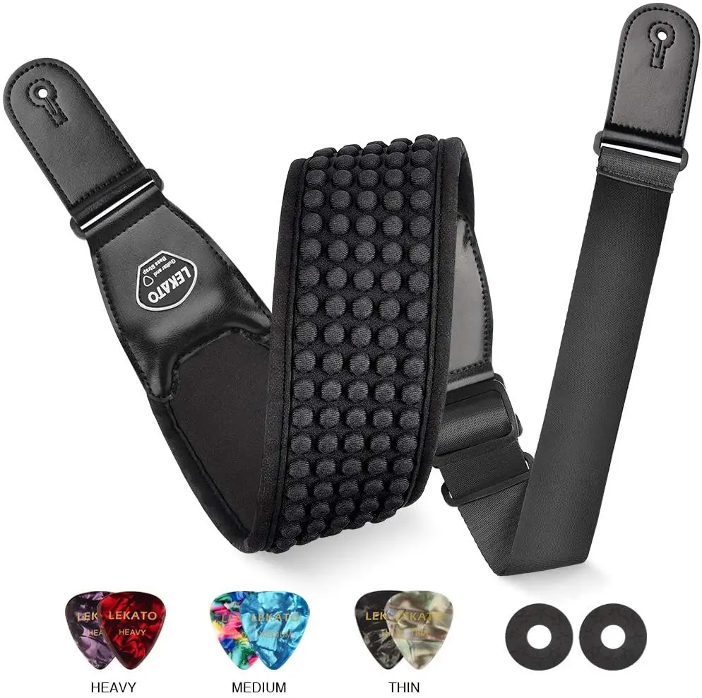 LEKATO Guitar Strap 3D Sponge Filling Bass Electric Guitar Strap 3.5 inch Wide Adjustable with 6 Picks with pick holder