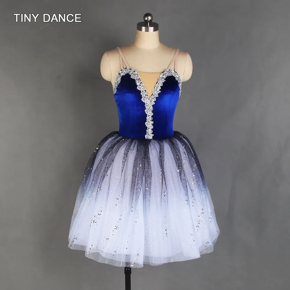 

Adults Camisole Ballet Dress Ballerina Tutu Costumes Navy Blue Velvet Bodice with Ombre Black to White Romantic Tutu Skirt 20530