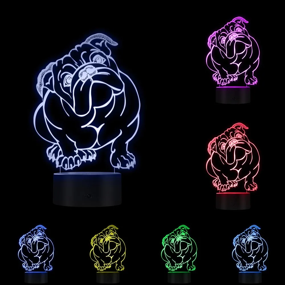 สุนัข Bulldog สีเปลี่ยน LED อะคริลิคอังกฤษ Bulldog USB โคมไฟตกแต่ง3D ภาพลวงตาโคมไฟ