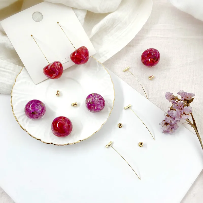 Original resin cute girl net red built-in immortal flower cherry earrings DIY homemade earring material kit accessories 4pcs