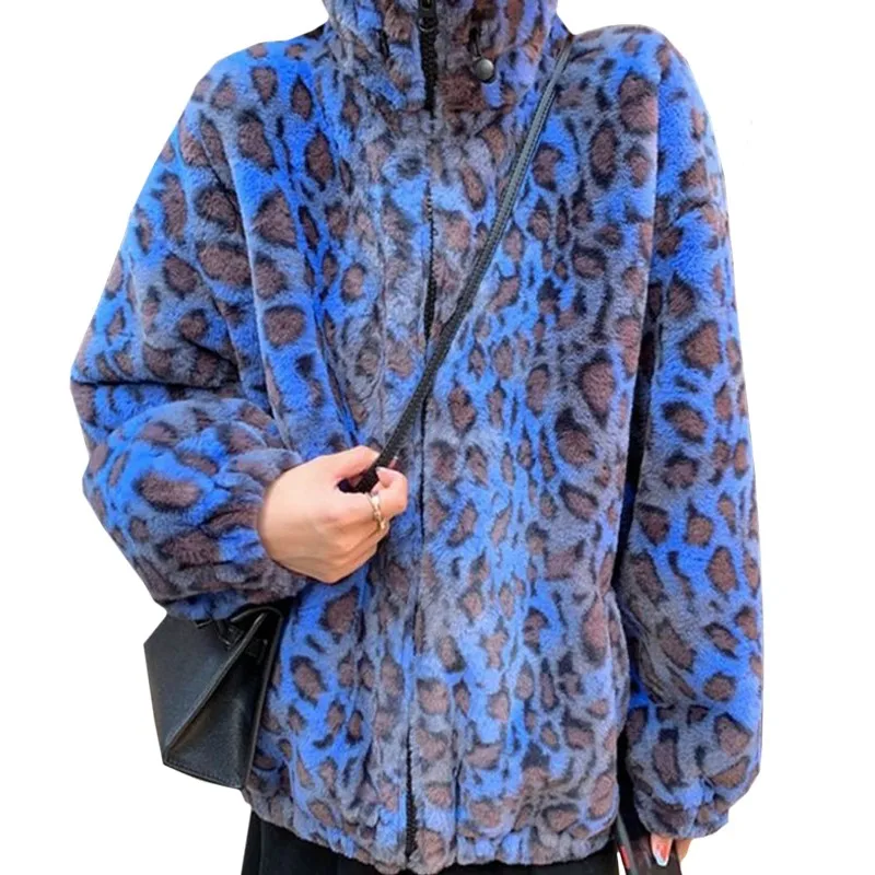 New Usa Style Faux Fur Winter Lady Sweatshirt Zipper Women Keep Warm Clothes Harajuku Leopard Zipper Blue Keep Warm Coat Female