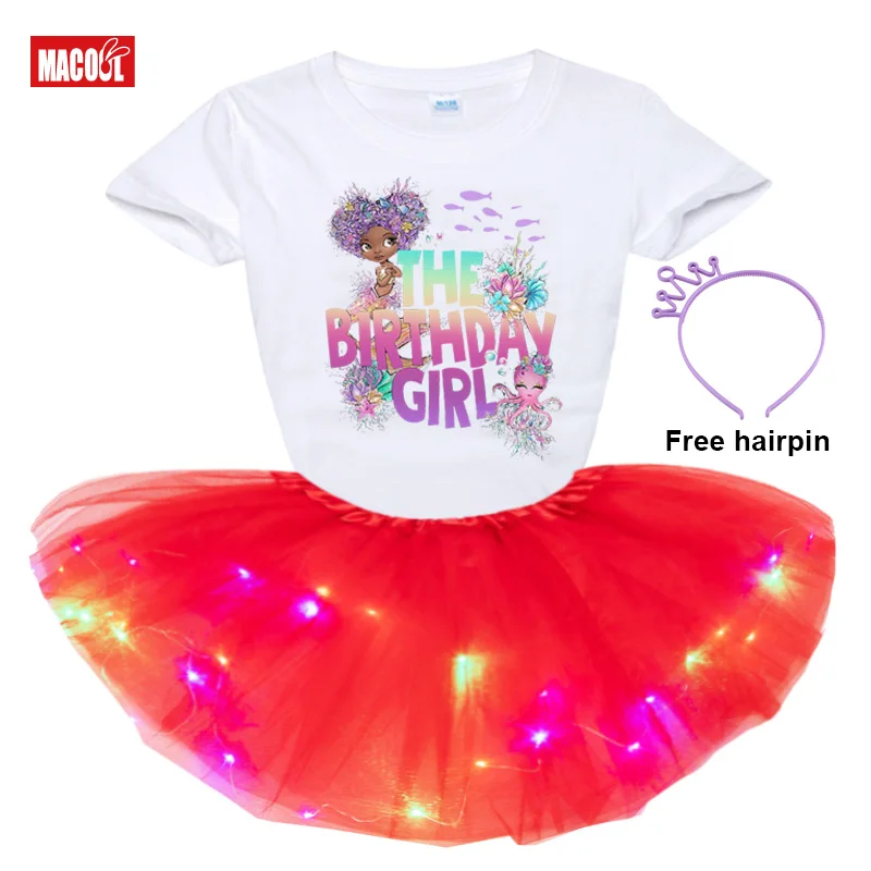 Black Mermaid Dolphint Shirt Set Girl Dress Sets Princess Girl Set The Birthday Girl Dress Party 2Pc Light Dress+t Shirt Present