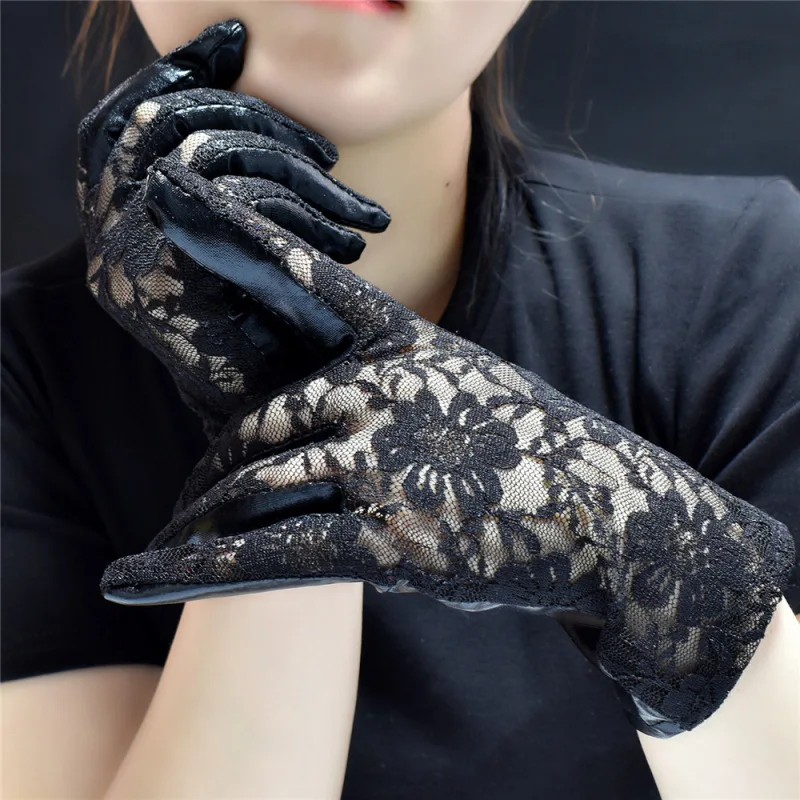 Short Paragraph Patent Leather Sexy Lace Women Black Gloves Metal Punk Style Bar Pole Dance Prom Decoration Etiquette Gloves