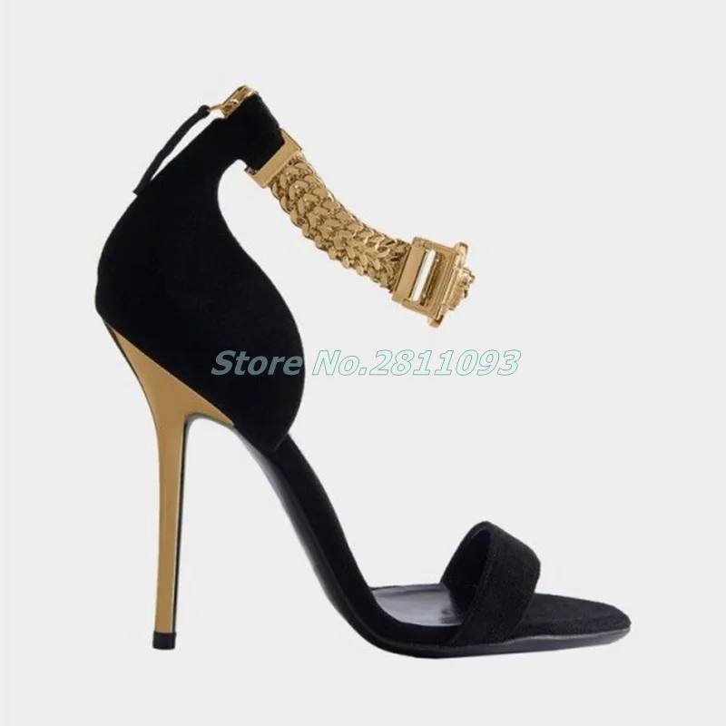 Black and Gold Chains Evening Shoes Sexy Stiletto Heels Sandals Suede Thin High Heels Ankle Metal Chain Decor Summer Sandals