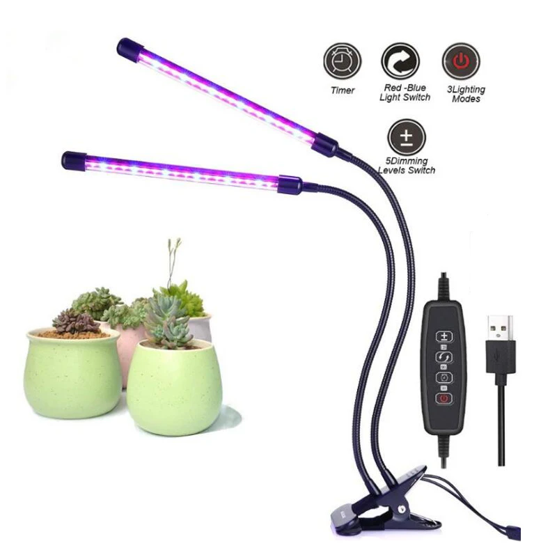 Luz LED de cultivo de 45W y 5 cabezales, lámpara Phyto de espectro completo, lámpara de cultivo con Clip USB para plantas de interior, plántulas,