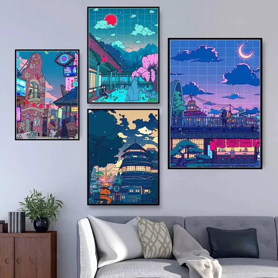 Canvas Art Cartoon Night Scene Street Scene HD Wall Poster Family Decoration Children's Room Wall Night Story Mural