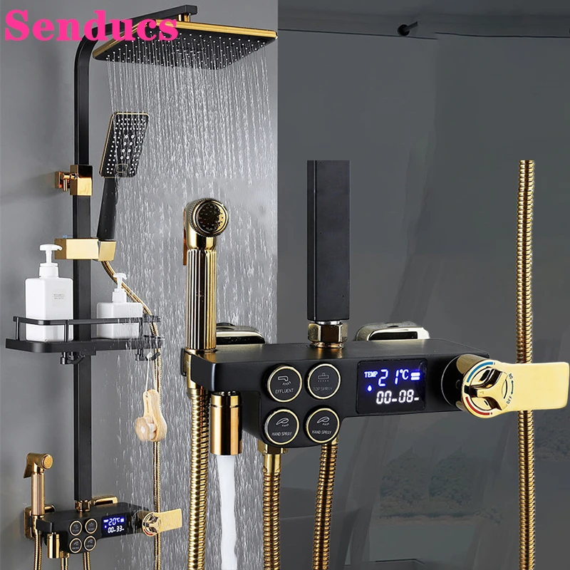 

Thermostatic Bathrooom Shower Set Senducs Brass Black Gold Bathtub Mixer Faucets Rainfall Digital Bath Shower Mixer Set System