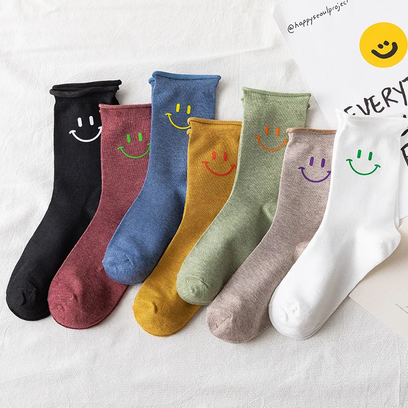 

New Women Cotton Color Funny Socks Fashion High Quality Personality Cute Smiley Hot Stamping Female Middle Tube Student Socks