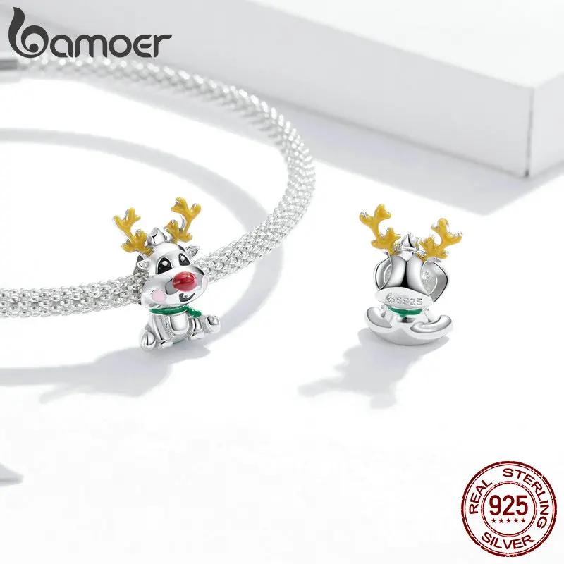 bamoer Cute Reindeer Metal Beads for Women 925 Sterling Plated Silver Charm Jewelry for Bracelet Bangle Christmas Gifts BSC375