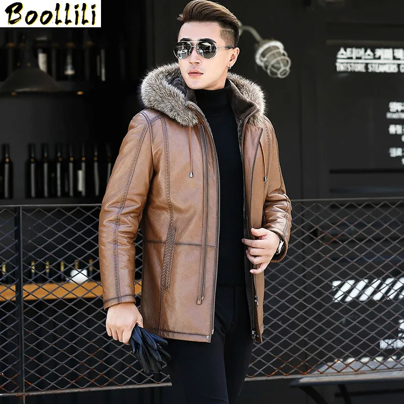 

Leather Boollili Genuine Jacket Men Cowhide Real Wool Fur Coat Men Shearling Cow Leather Jacket Man Racoon Fur Collar