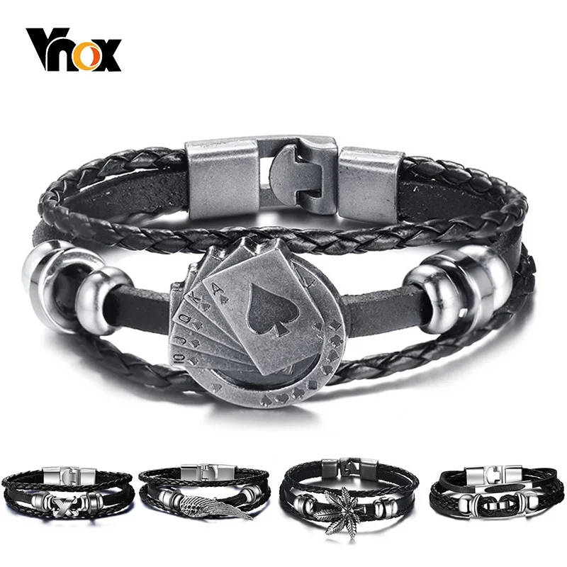 Vnox Lucky Vintage Men's Leather Bracelet Playing Cards Raja Vegas Charm Multilayer Braided Women Pulseira Masculina 7.87