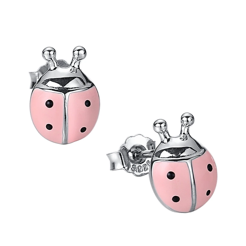 Mankuu Insects style Cute Delicate Red/Pink Beetle Ladybug Stud Earrings Girl Date Beautiful 925 Silver For Women Jewelry Gift