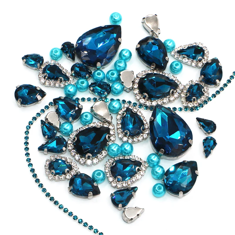 Wedding Decoration Teardrop Peacock blue Mix Size Glass Crystal Stones Pearl Beads Cup Chain Rim Rhinestones Sew On Clothing