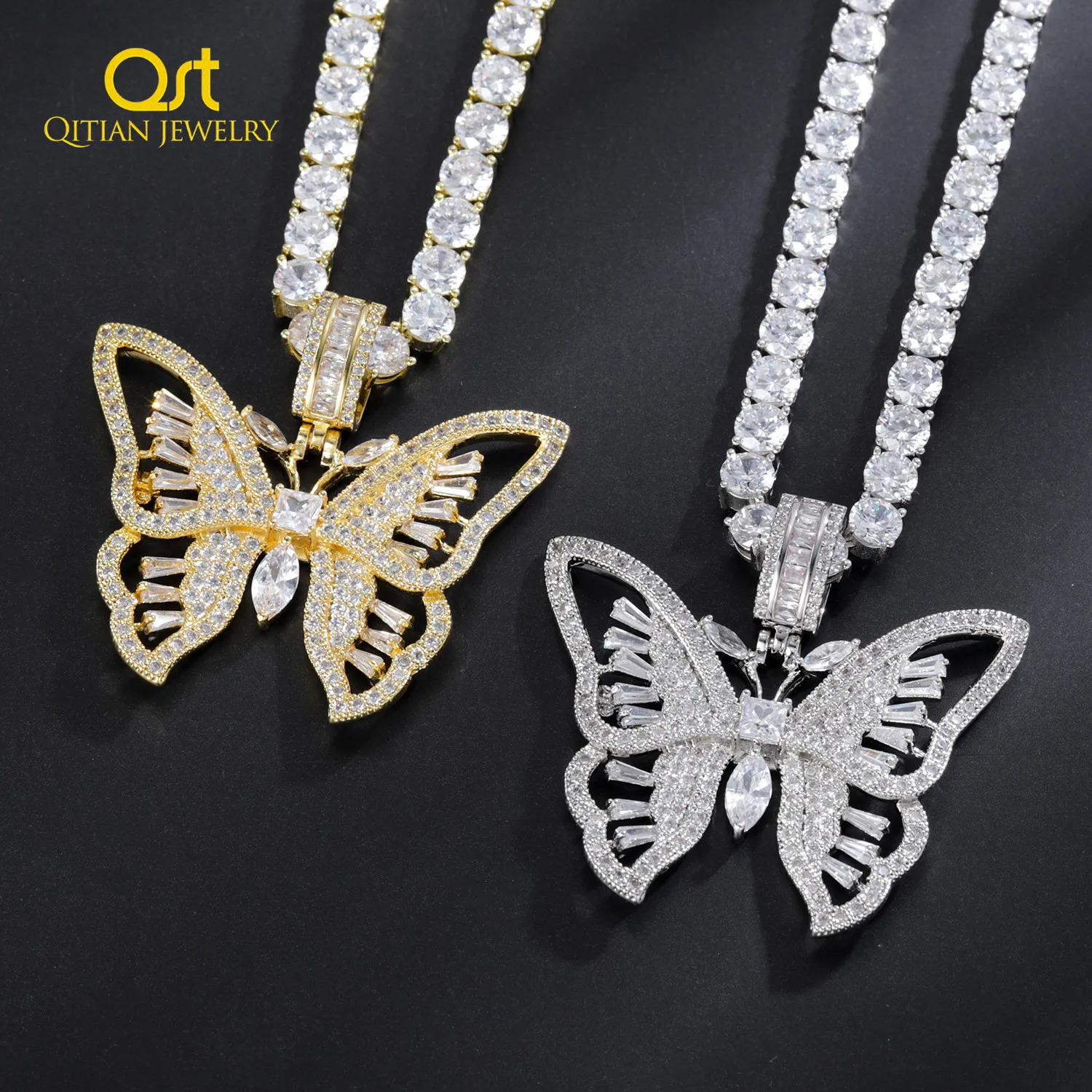 Personalized Zirconia Butterfly Necklace Iced Out Butterfly Necklace Stainless Steel Hippop Jewelry Gift Men Women Tennis Chain