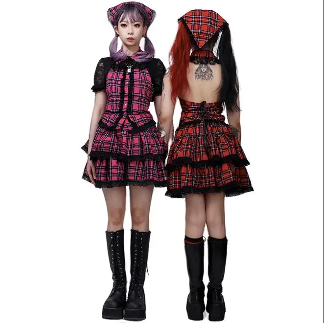 

Japanese Harajuku Girls Red Plaid Pleated Skirt Punk Sweet Fashion Kawaii Lolita Cake Mini Skirts Cosplay Suit New