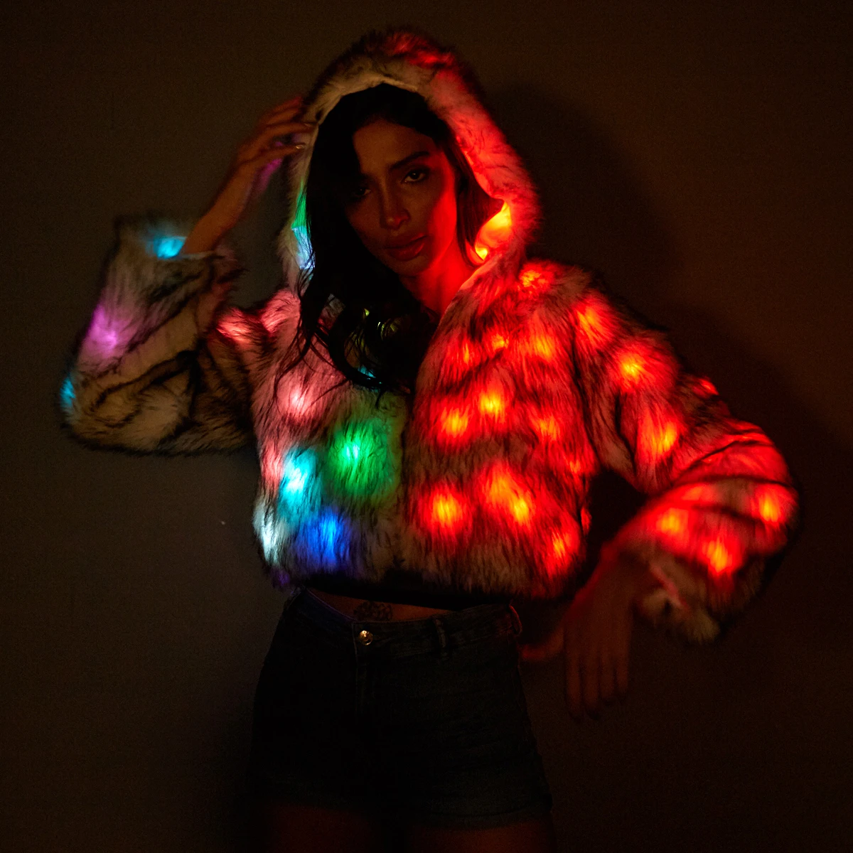 Women\'s LED Light Up Fluffy Shiny Black Cool Faux Fur Short Jacket Coat