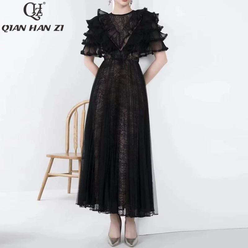 

Qian Han Zi summer designer fashion lace long dress Women's ruffled retro slim see-through lace pleated maxi dress