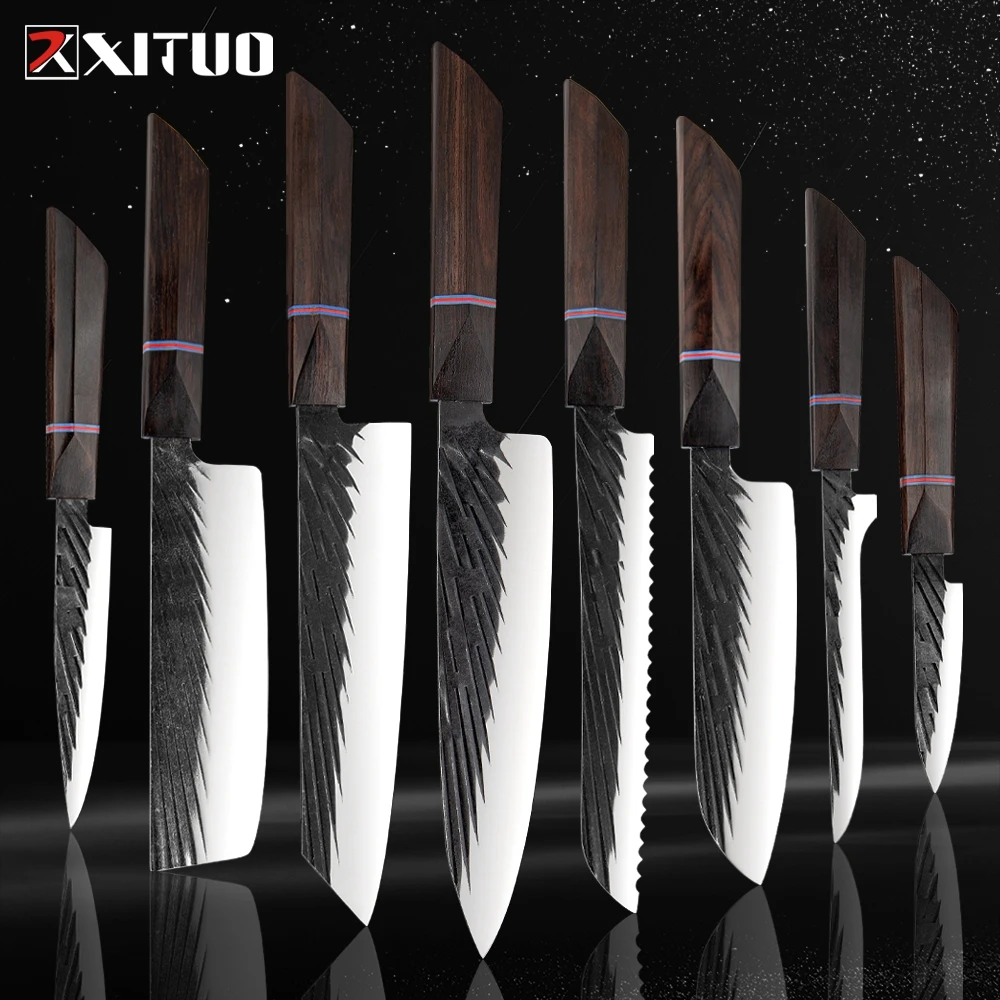 

XITUO Kitchen Knives Set 1-8Pcs Ultra Sharp 440C Steel Chef Knife With Ebony Wood Handle Meat Cleaver Slicer Cooking Knives