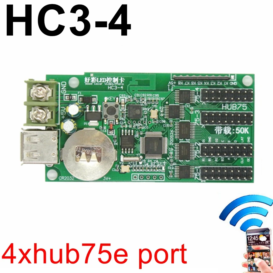 HC-1W USB Full Color LED Control Card Wifi Android APP Support Display Asynchronous Led Controller With 4*hub75b 512*48 Pixels