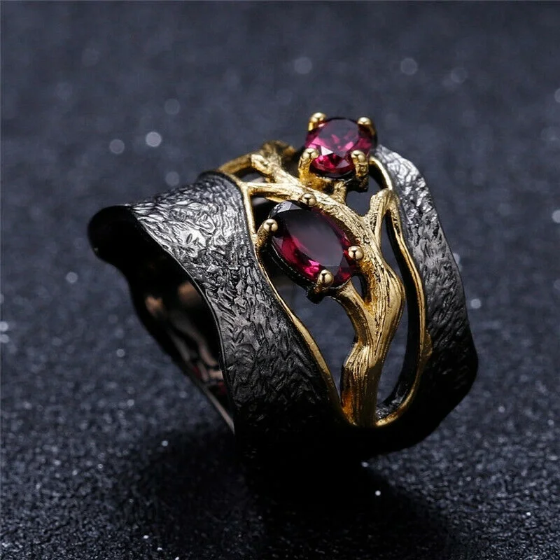 NEUE Frauen Edlen Schmuck Schwarz Gold Überzogene Rhodolith Granat Zirkone Ring Größe 6-10