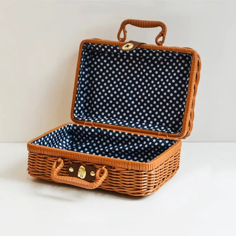 Vintage Portable Handmade Suitcase Rattan Woven summer bohemian style woven Women Box Handbag Fashion Square beach bag