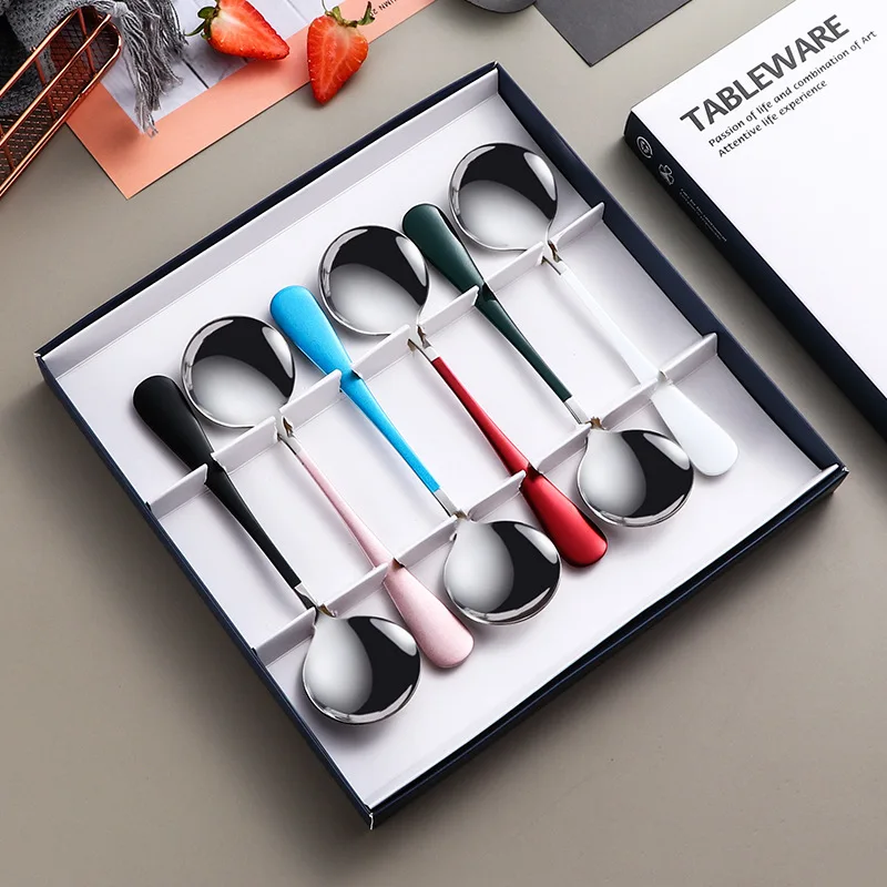 Stainless steel tableware 6 loading spoon set spoon spoon spoon spoon gold silver spray paint spoon long handle Korean rice spoo